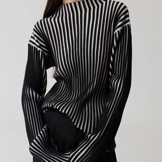 Long Sleeve Sweater Black And White Contrast Color Texture Half Turtleneck Sweater