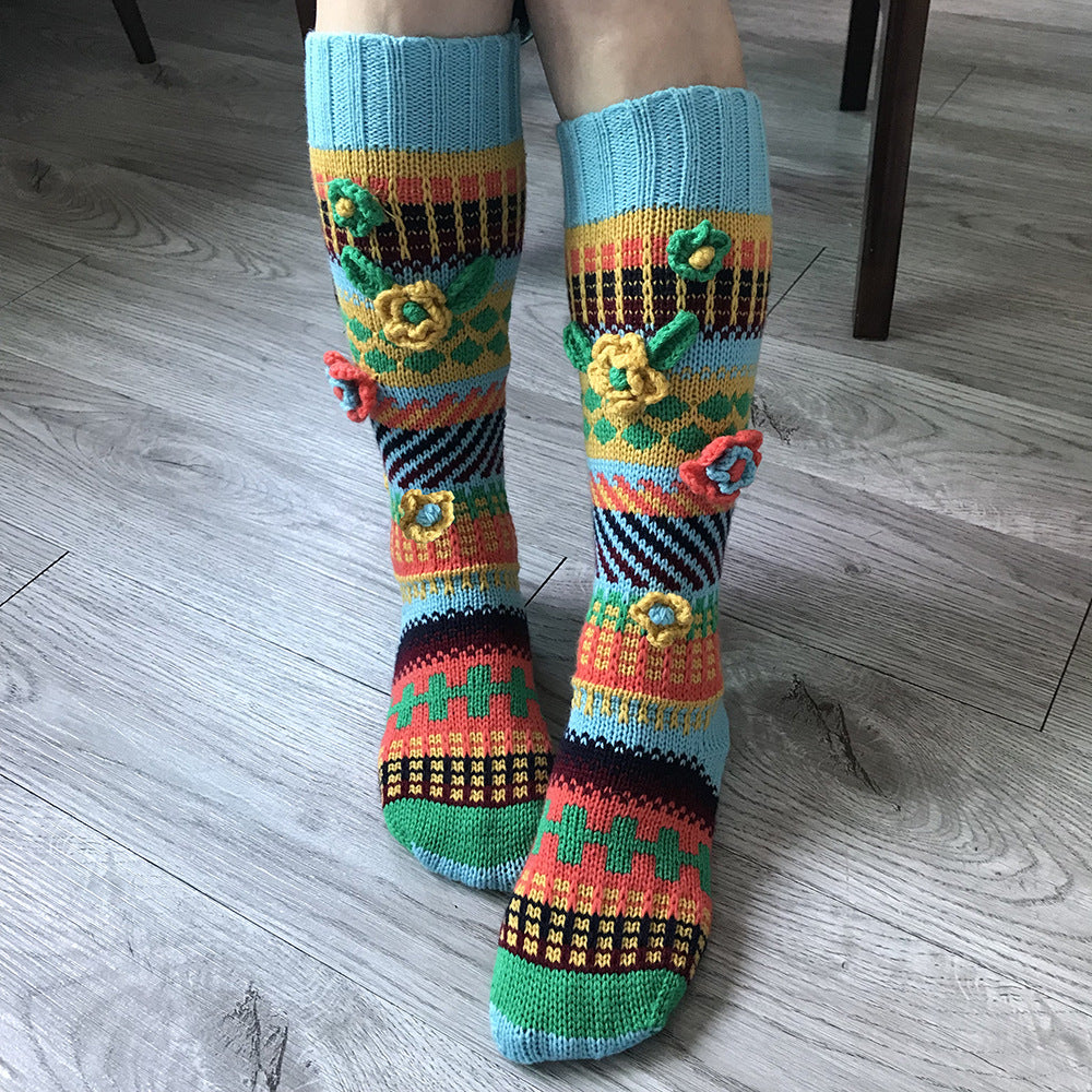 Ins Style Retro Jacquard Long Ladies Hand Crochet Floor Socks