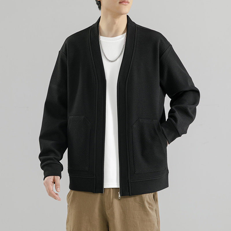 Mens Plus Size Solid Color Cardigan Zip Up Jacket