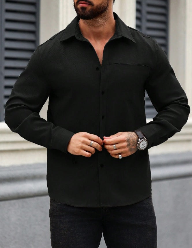Men's Solid Color Pocket Shirt Long Sleeve Single-breasted Lining