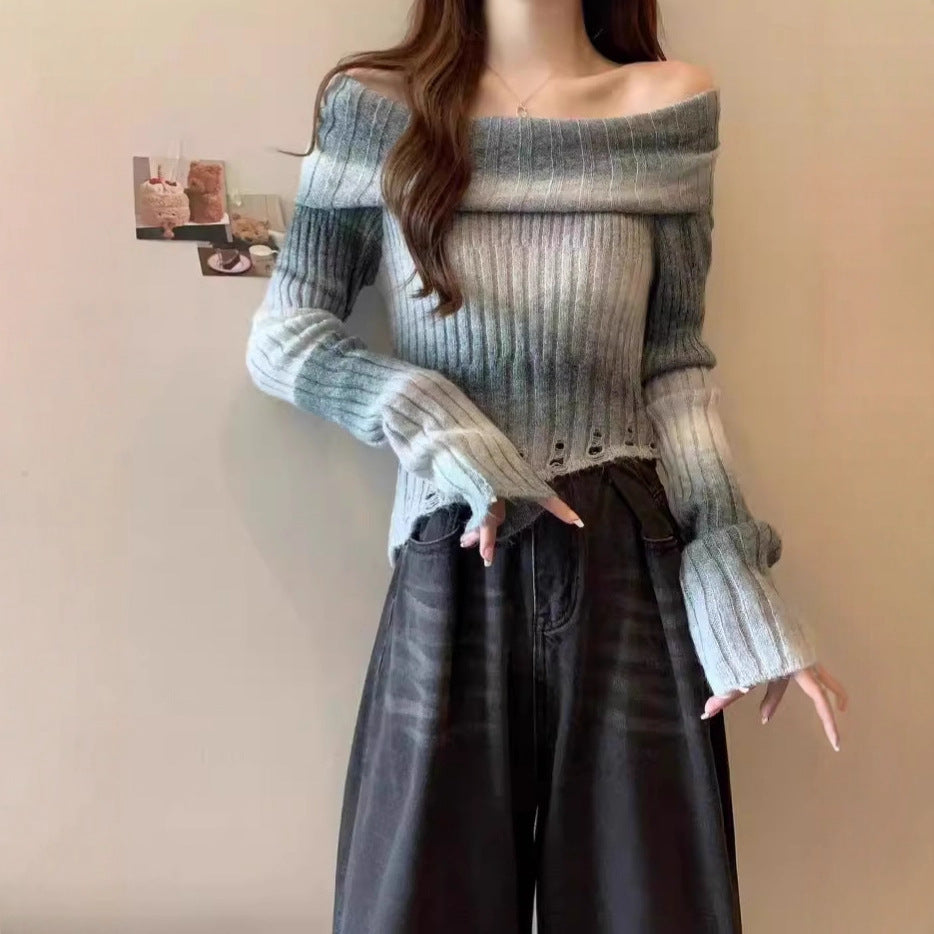 Off-shoulder Gradient Irregular Slim-fit Sweater For Women