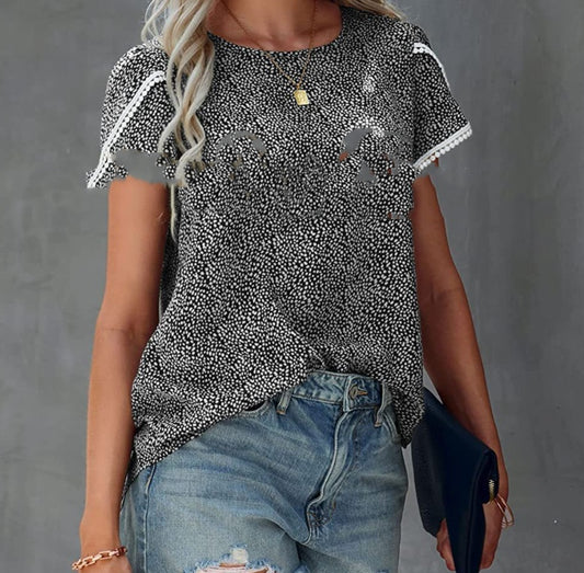 Lace Stitched Polka Dot Short Sleeved T Shirt Chiffon Top