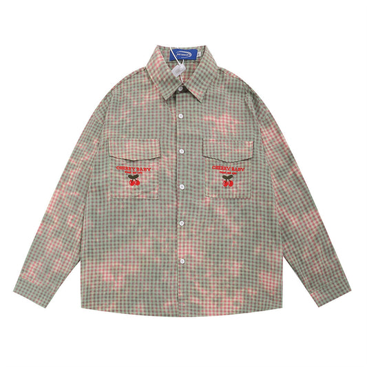Plaid Tie-dyed Long-sleeved Shirt Men's Street Fashion American Design Sense