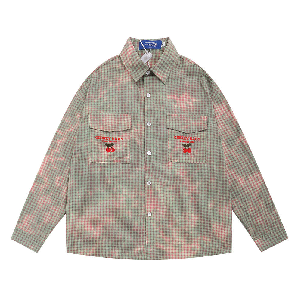 Plaid Tie-dyed Long-sleeved Shirt Men's Street Fashion American Design Sense