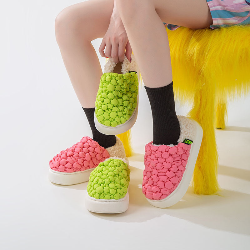 Autumn And Winter New Candy Color Puff Face Static Elegant Couple Home Can Be Worn Outside Warm Cotton Slippers