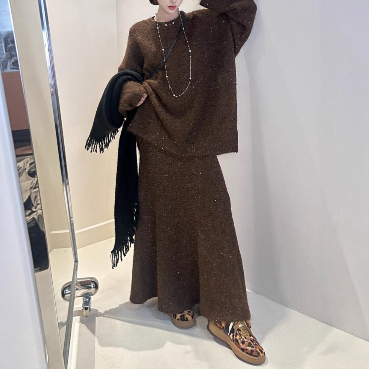 Loose Sequin Sweater Women Elastic Waist Fishtail Skirt Set
