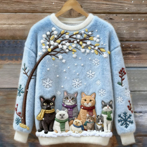 Dame sweatshirt med printet katte julemotiv og rund hals
