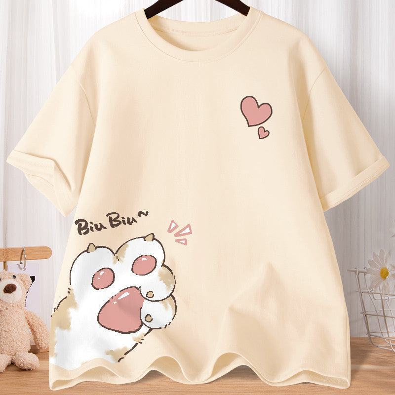 Summer Cartoon Cute Sweet Cat Claw Love Printed Short Sleeve