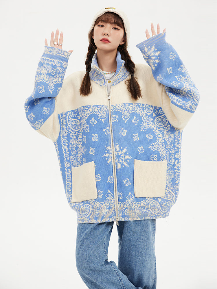 Loose Knit Cardigan Cashew Flower Casual Sweater Jacket