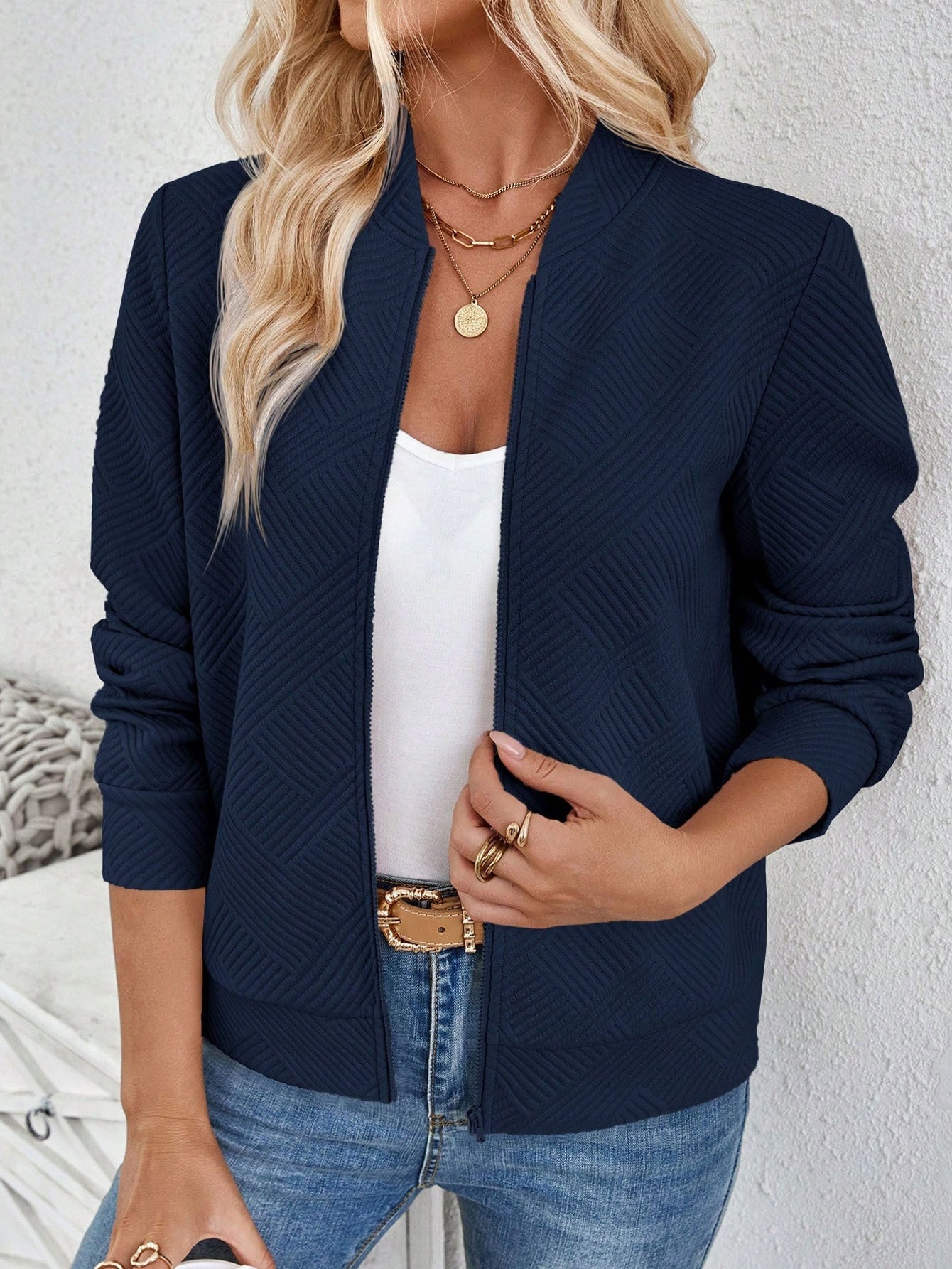 Solid Color Zipper Jacket Coat For Women