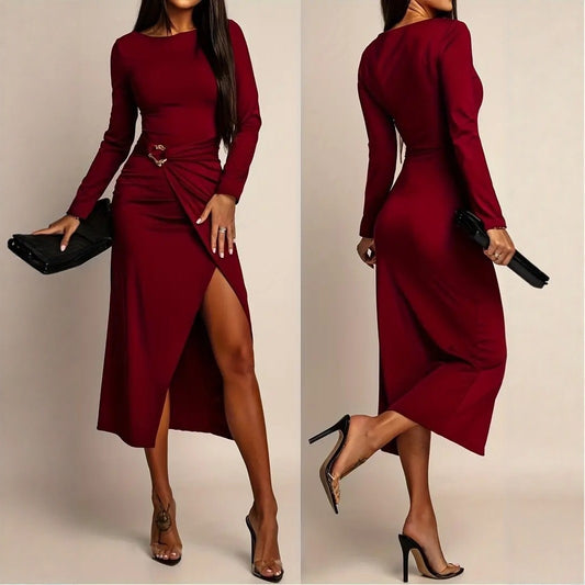 Retro Bodycon Dress With Waist Pleats And Metal Accents