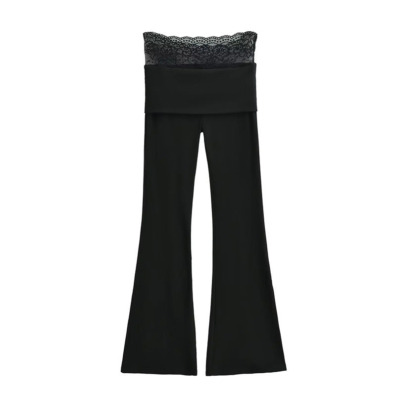 Hot Girl Double-layer Flanging Lace Stitching Bootcut Trousers Spring Small Slim Elastic Draped Mop Trousers