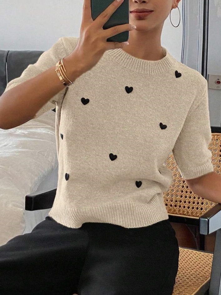 Womens Crew-Neck Pullover Heart Jacquard Knitted Sweater