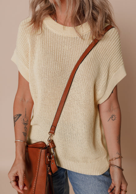 Oatmeal Solid Color Batwing Short Sleeve Round Neck Knit T Shirt