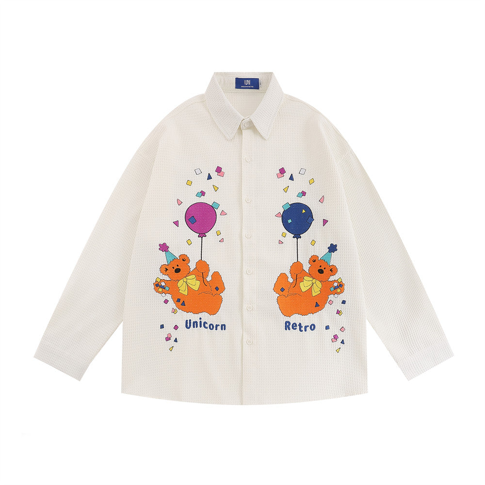 Street Fashion Japanese Bear Embroidery Long Sleeve Shirt