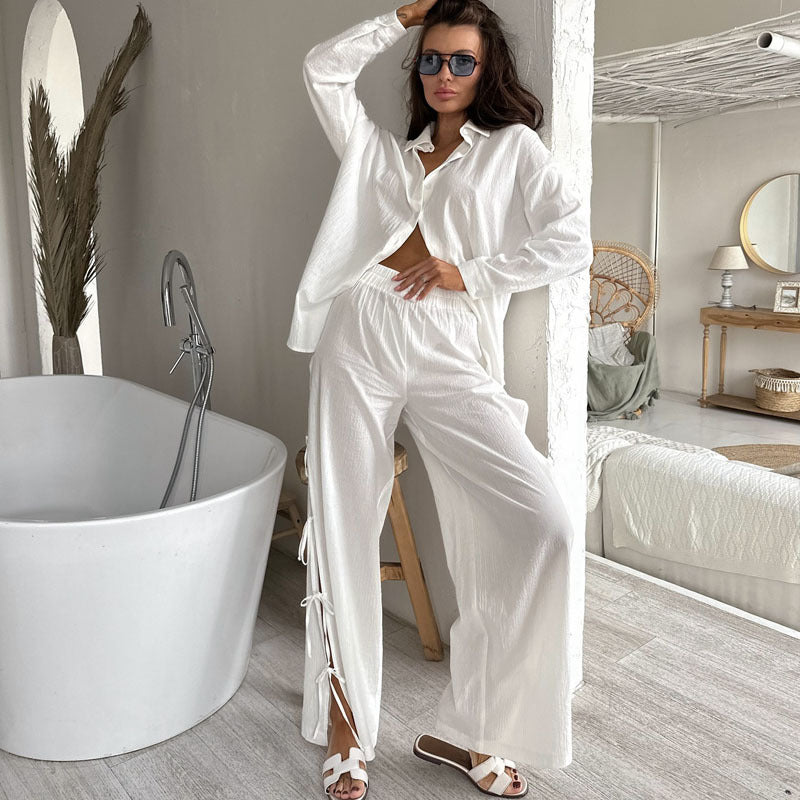 Women's New Casual Simple Solid Color Long Sleeve Pants Homewear Two-Piece Set