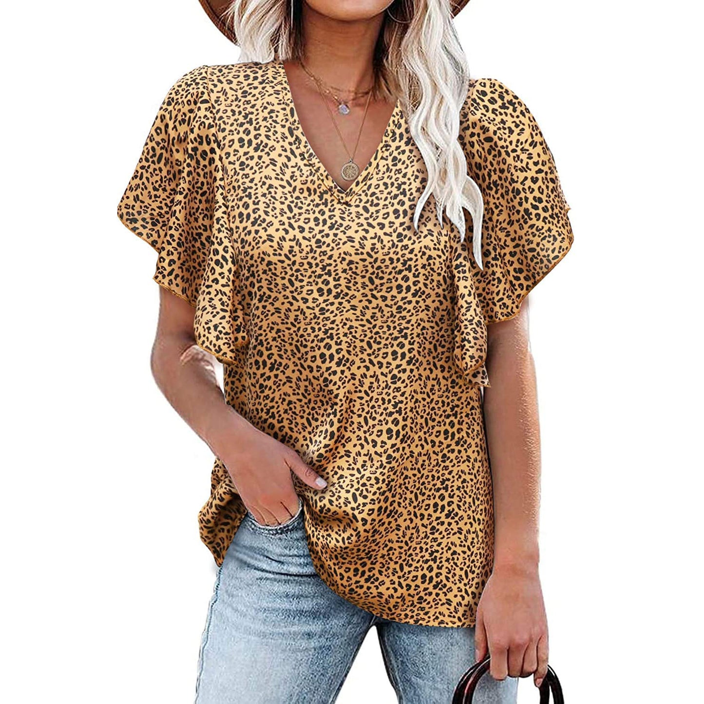 V Neck Floral Pleated Shirt Casual Short Sleeve Loose Top