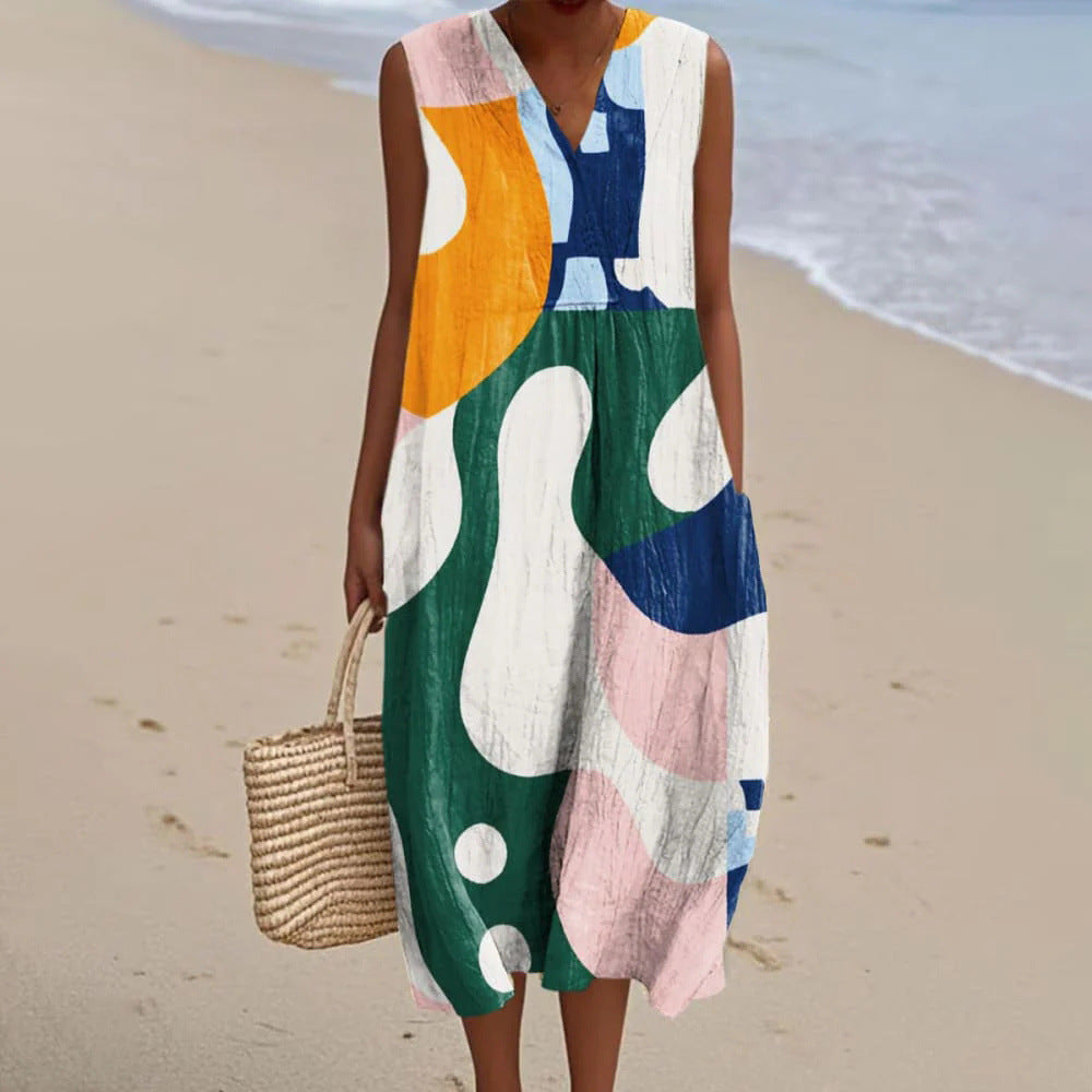 Womens Fashionable V-Neck Sleeveless Printed Dress