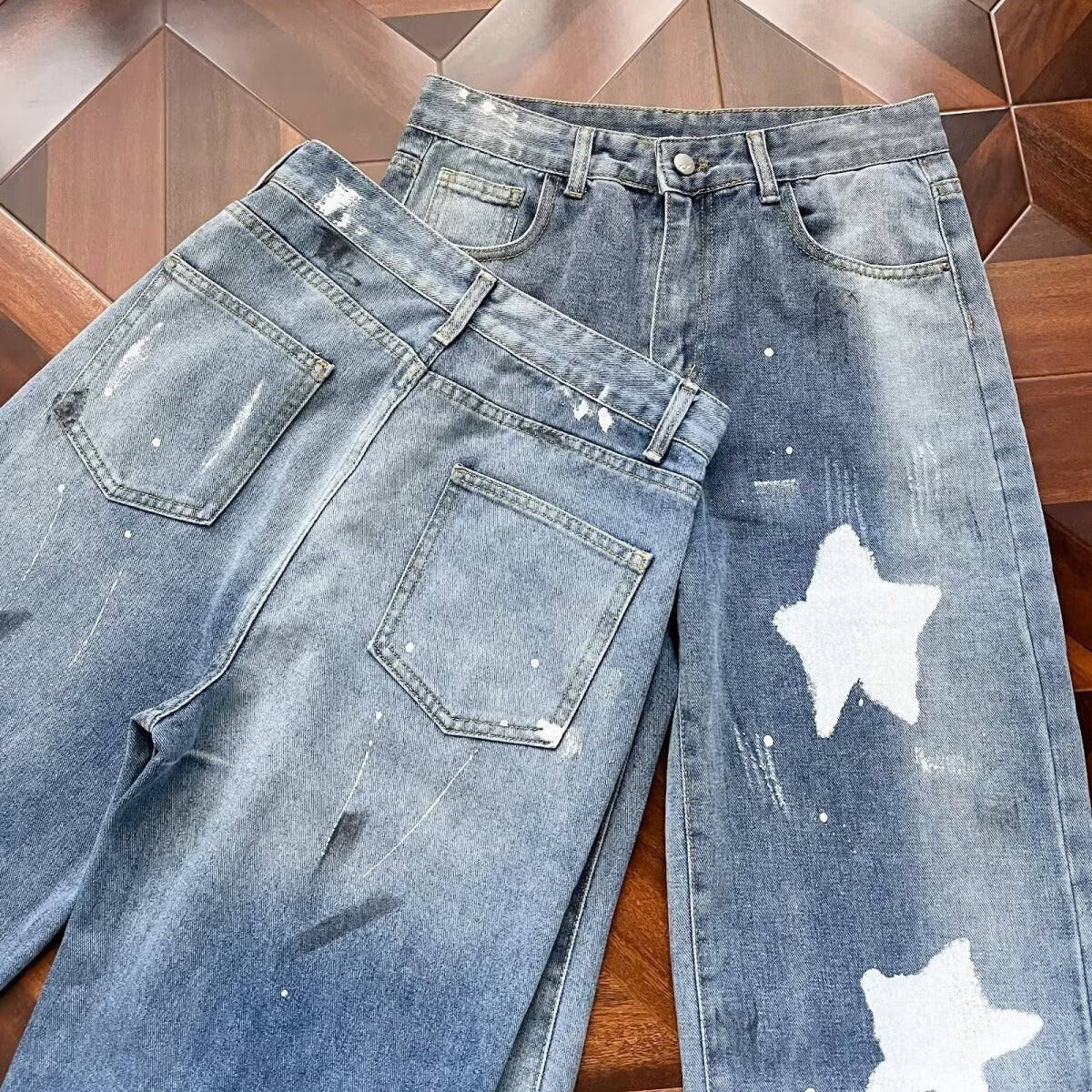 Womens Retro Patched Washed And Distressed Denim Jeans