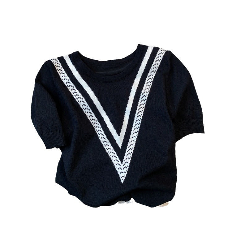 Striped T-shirt Contrast Color Jacquard Loose-fitting Sweater