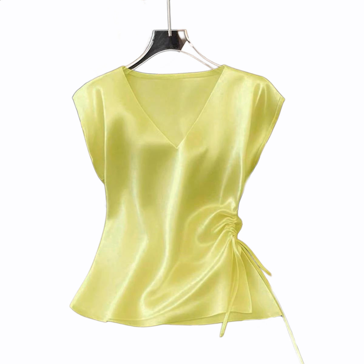 Womens Solid-Color Casual Satin V-Neck Top With Drawstring Hem