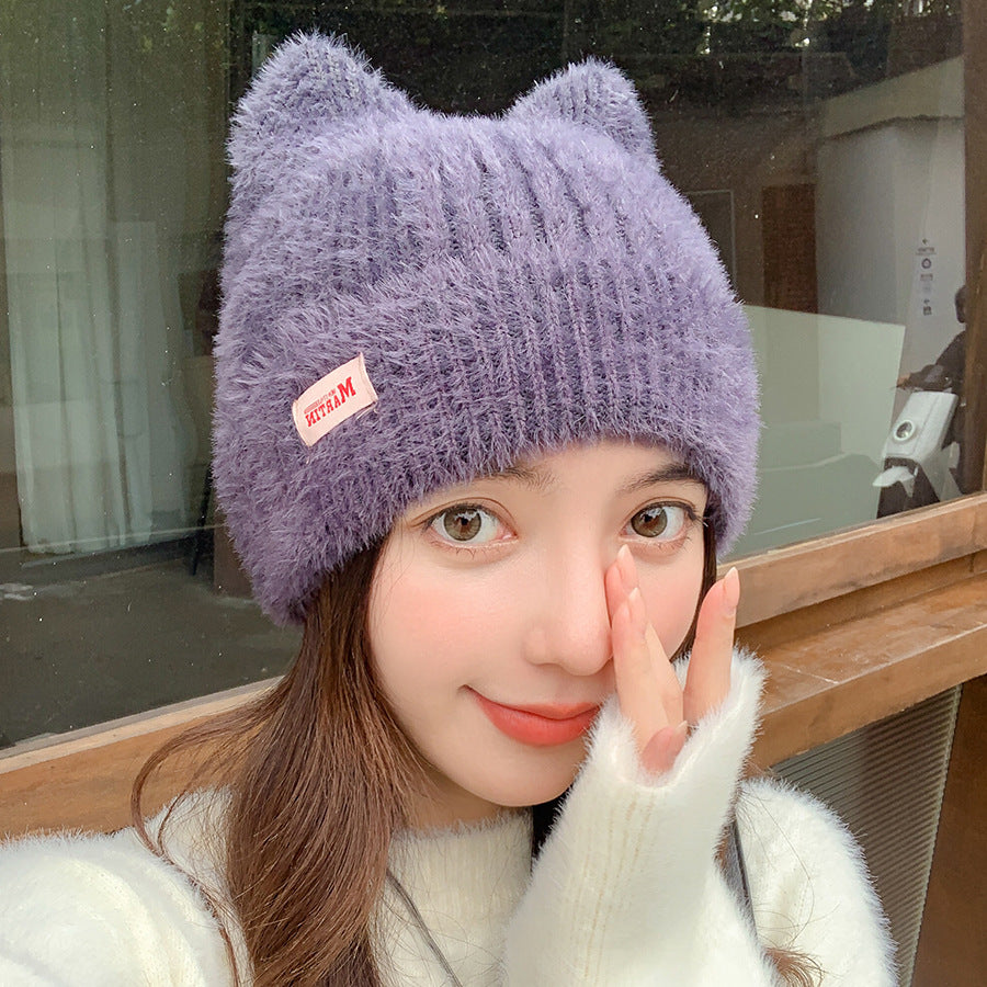 Winter Mink Cat Ears Plush Girl's Cap Warm Ear Protection Knitted Hat