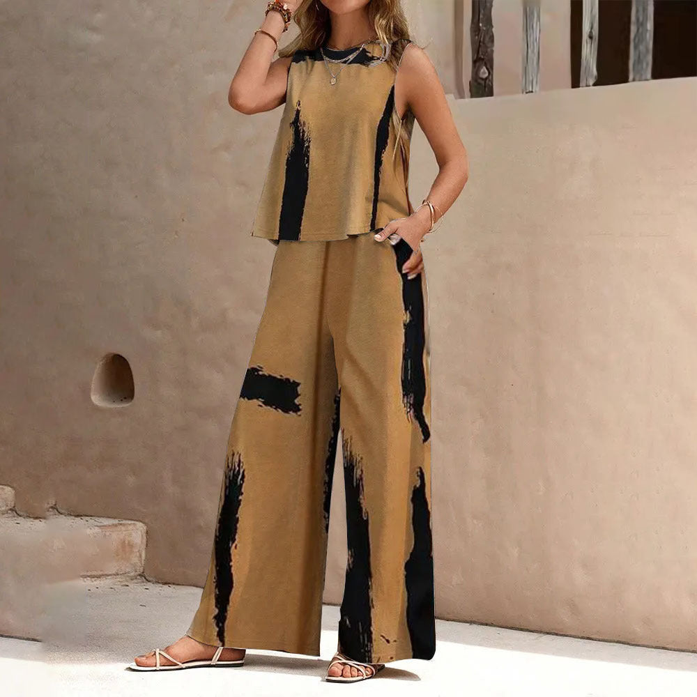 Womens Round-Neck Striped Printed Topless Top And Pants Two-Piece Set