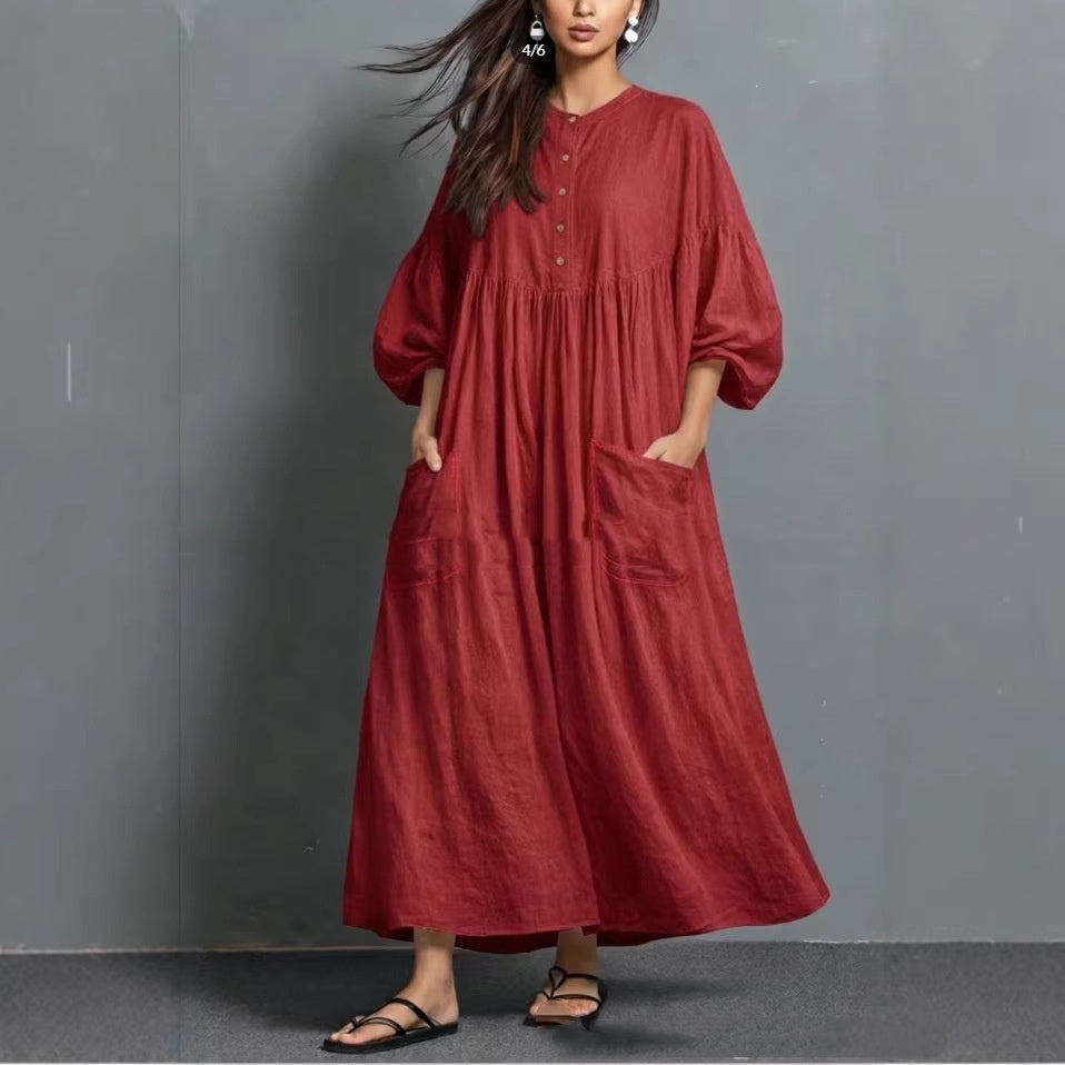 Solid-color Casual Cotton-linen Pocket Dress