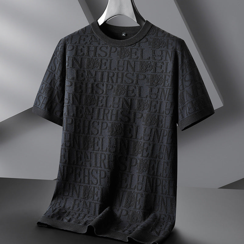 Men's Plus-sized Casual Round Neck Jacquard Sweater With Short Sleeves