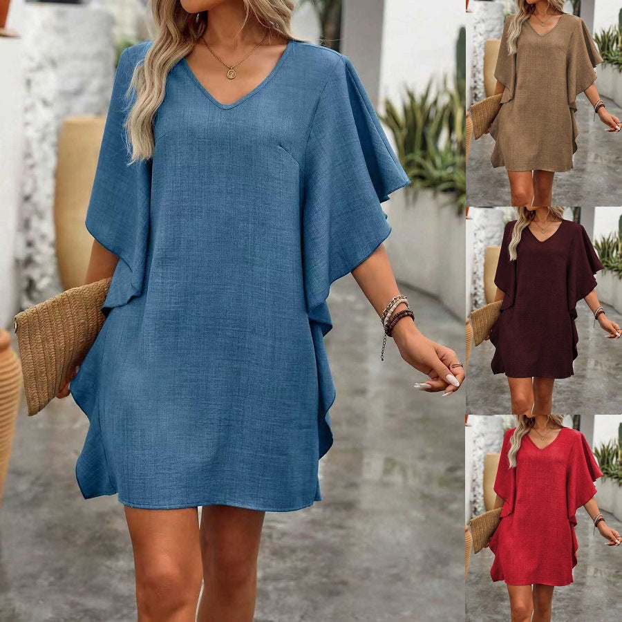 Solid-color Loose-fitting Flowing V-neck Dress With Ruffled Hem