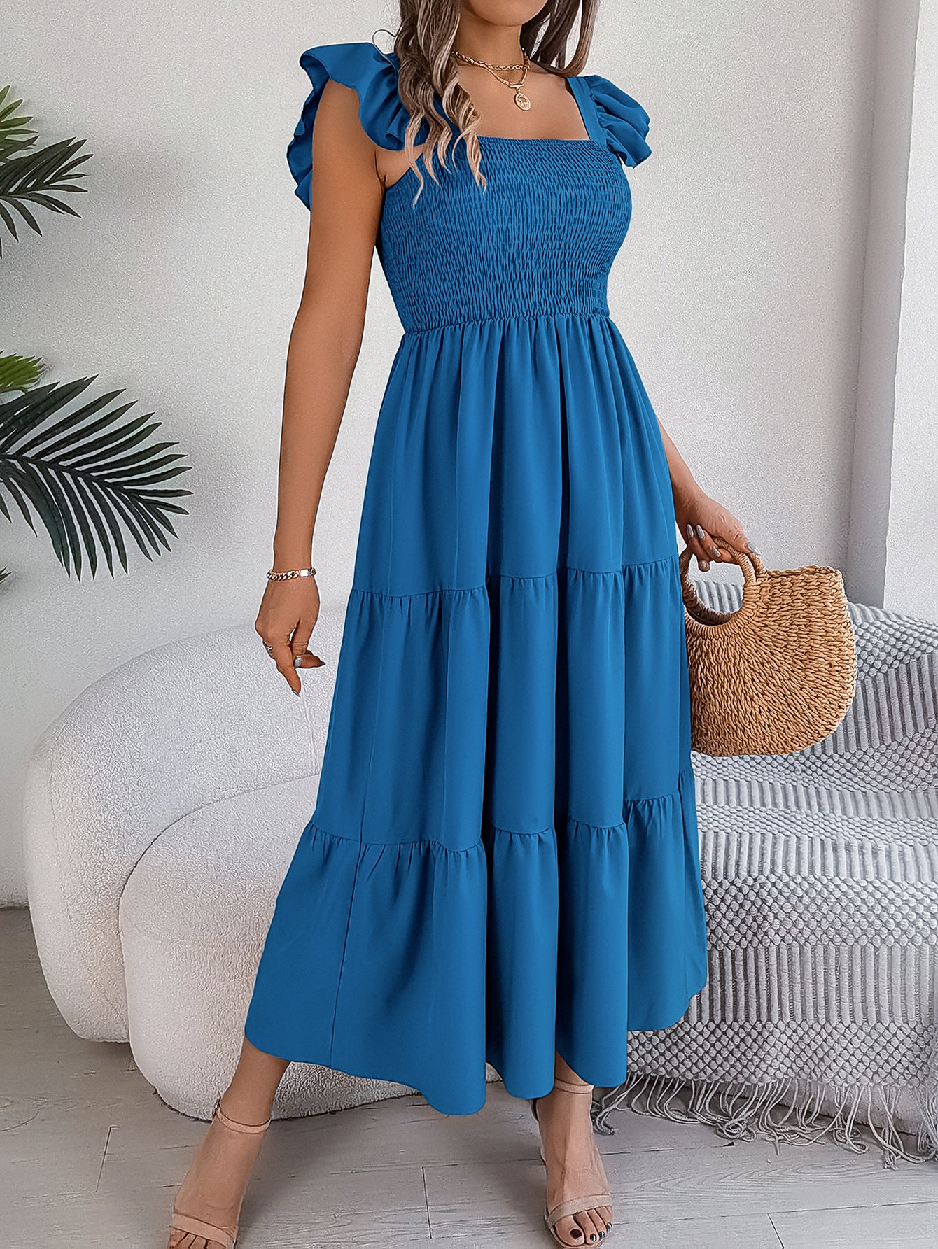 Women's Solid Color Square Neck Ruffle Trim Tie Waist A-Line Maxi Dress