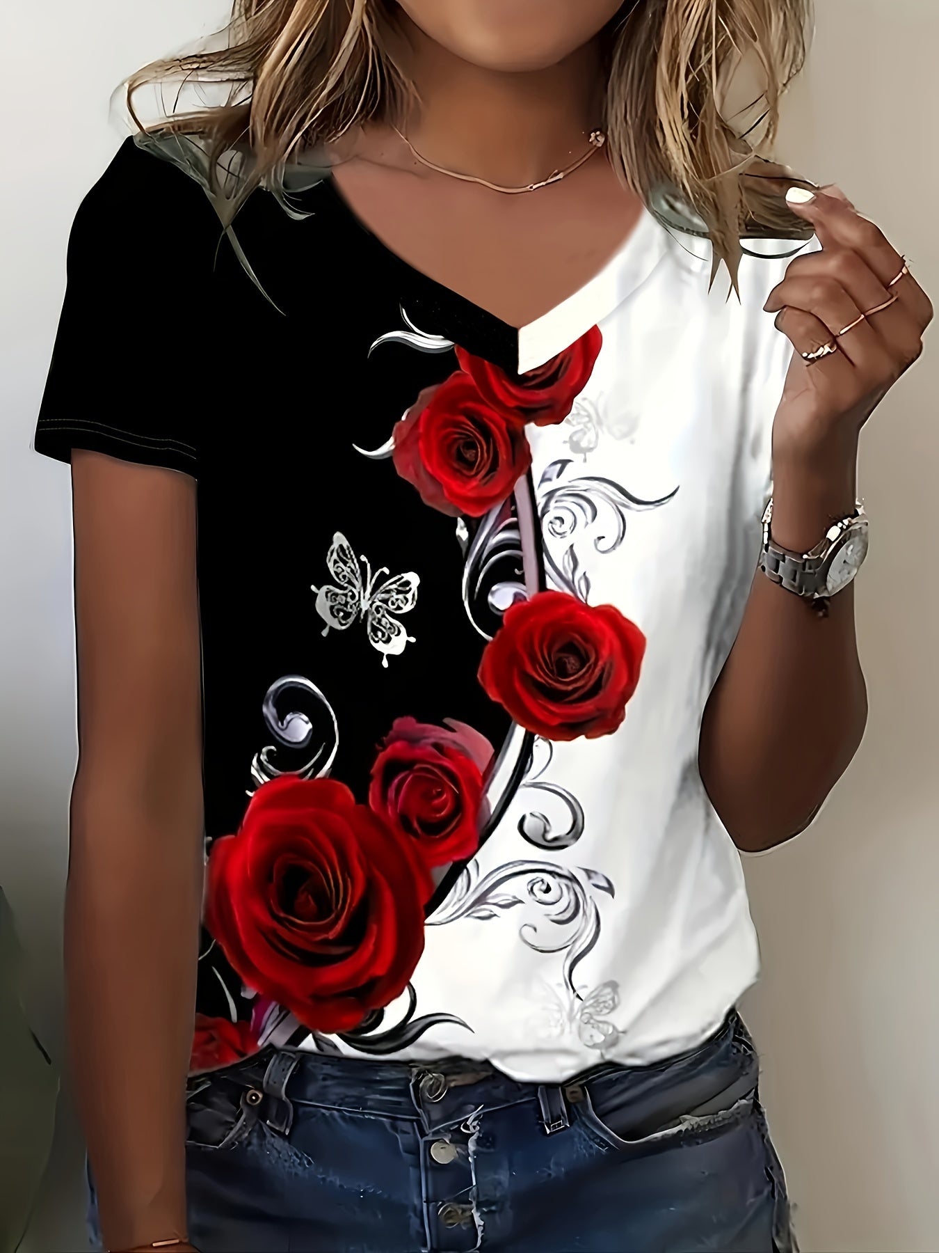 Elegant V-neck Rose Butterfly Printed Short Sleeved T-shirt
