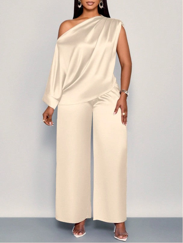 Spot 2026 European And American Cross-border Summer Casual Women's Satin Suit Slanted Collar Short-sleeved Top Trousers Set