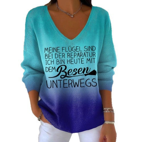 Womens Ribbed V-neck Three-quarter-sleeve Loose-fit T-shirt