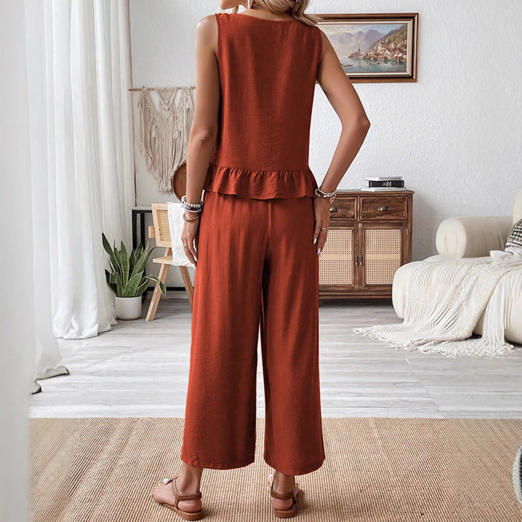Solid-color Sleeveless Top And Capri Pants Set Womens Clothing