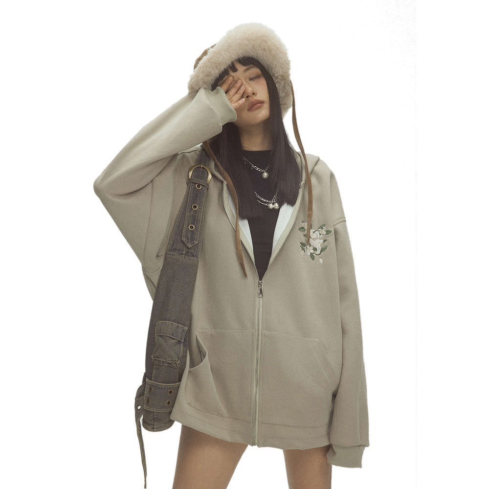 Small Floral Vine Embroidery Hooded Loose Coat