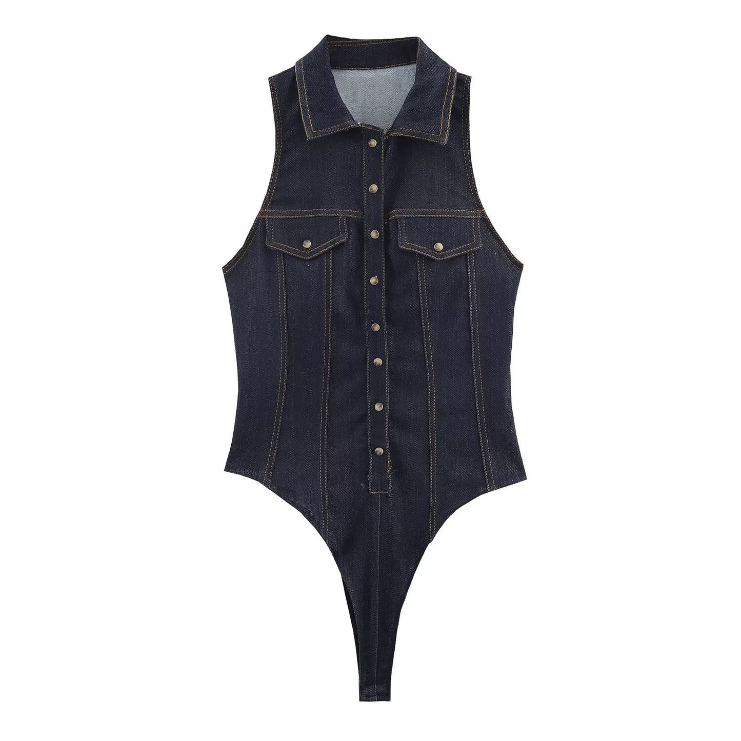 Womens Fashion Solid-Color Sleeveless Denim Bodycon Jumpsuit