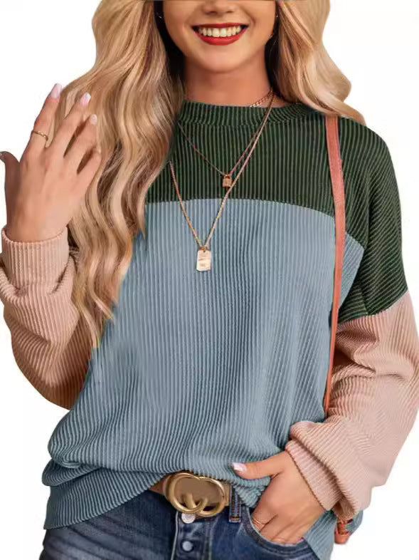 Striped Color Matching Long Sleeve Loose Sweatshirt