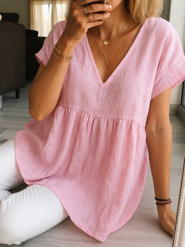 Women's Casual Loose-Fit Fashion Cotton-Linen Short-Sleeve Top