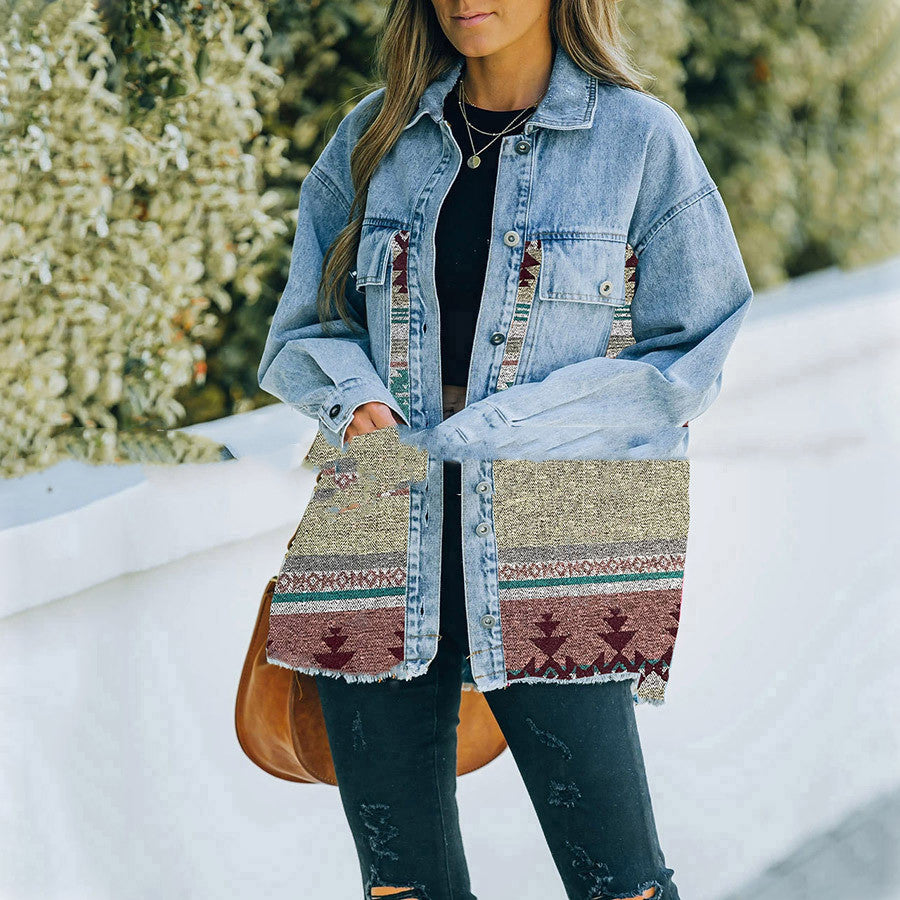 Lapel Pocket Denim Patchwork Wool Coat