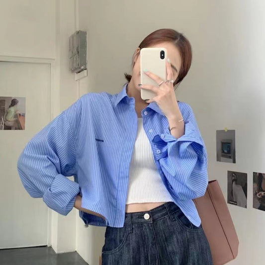 Vertical Striped Short Embroidery Shirt