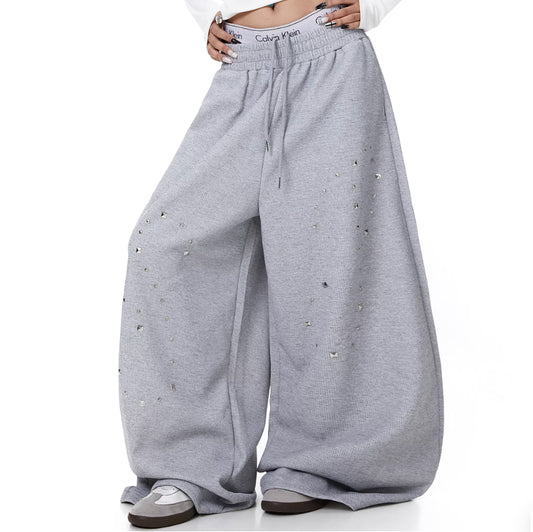 Womens American-Style Retro Heavy-Duty Rivet Straight Sweatpants