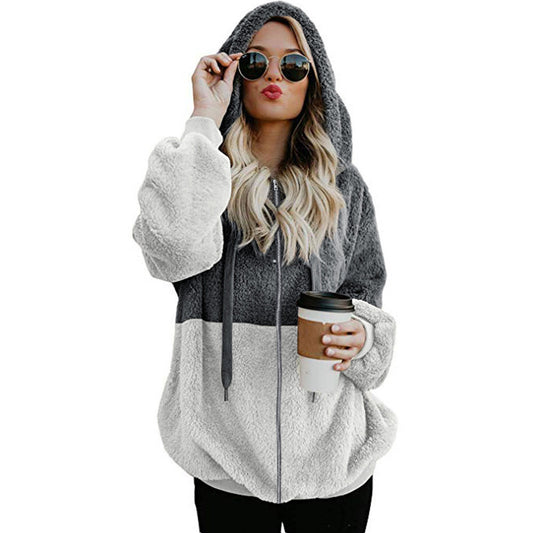 European And American Long Sleeve Zipper Hooded Color Women's Sweater Jacket