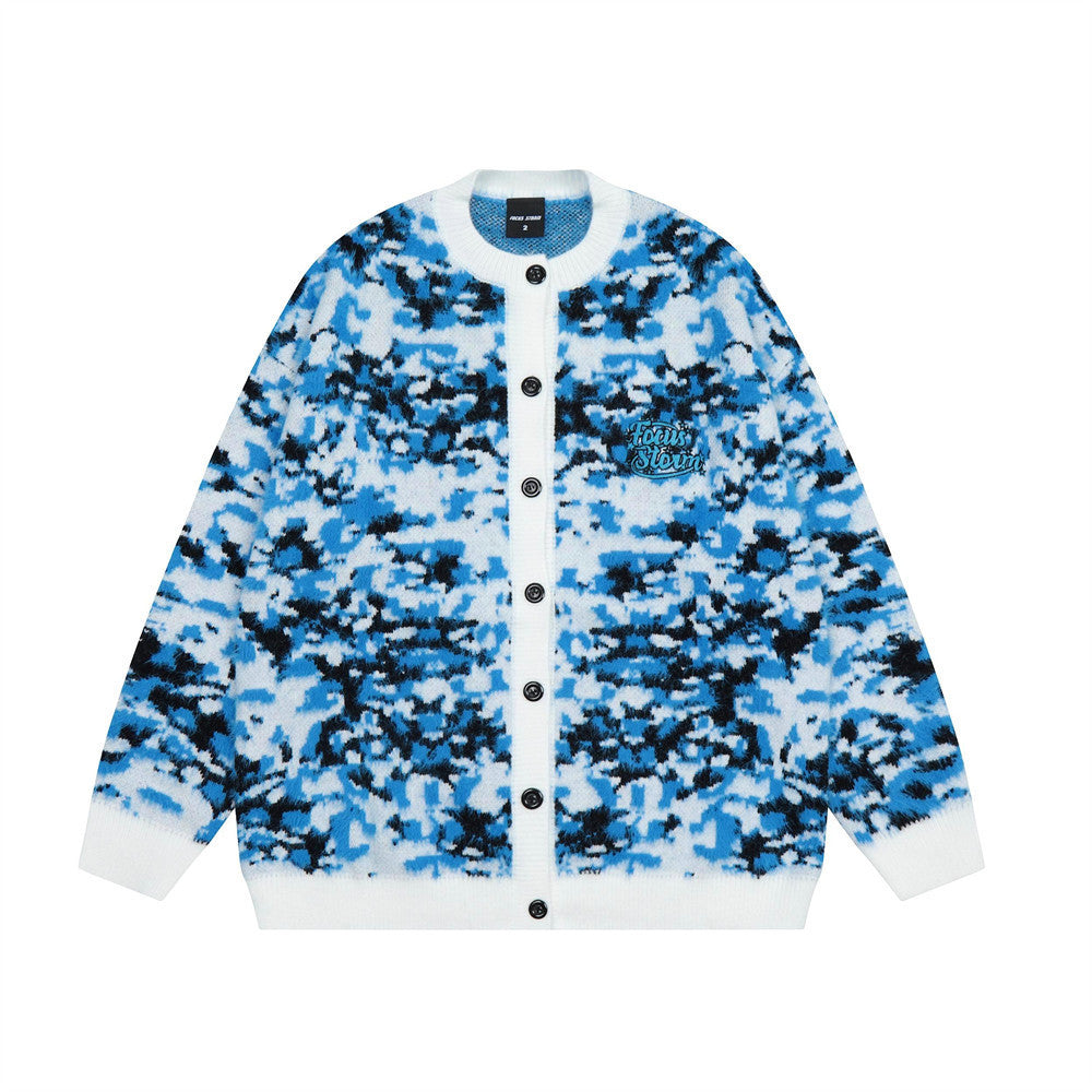 Color Contrast Jacquard Crewneck Knitted Cardigan Men's Sweater Coat Sweater