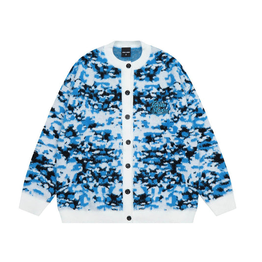 Color Contrast Jacquard Crewneck Knitted Cardigan Men's Sweater Coat Sweater