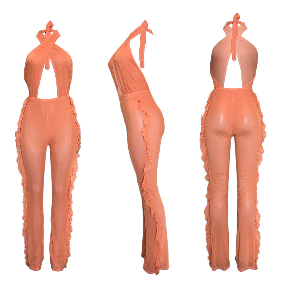 European And American Solid Color Swimwear Mesh Jumpsuit With Panties