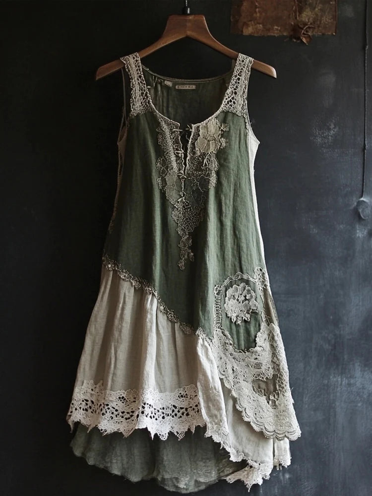 Womens Retro Bohemian Rose-Embroidered Linen Loose Sleeveless Maxi Dress