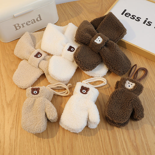 Korean Solid Color Bear Children's Gloves Set Autumn And Winter