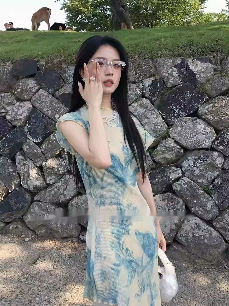New Chinese-style Cool Blue Printed Stretchy Asymmetrical Sleeveless Tank Dress