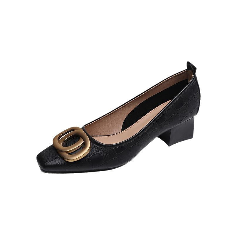 Franske firkantede damesko Arbejdssko Temperament Fe-stil Pumps Chunky hæl